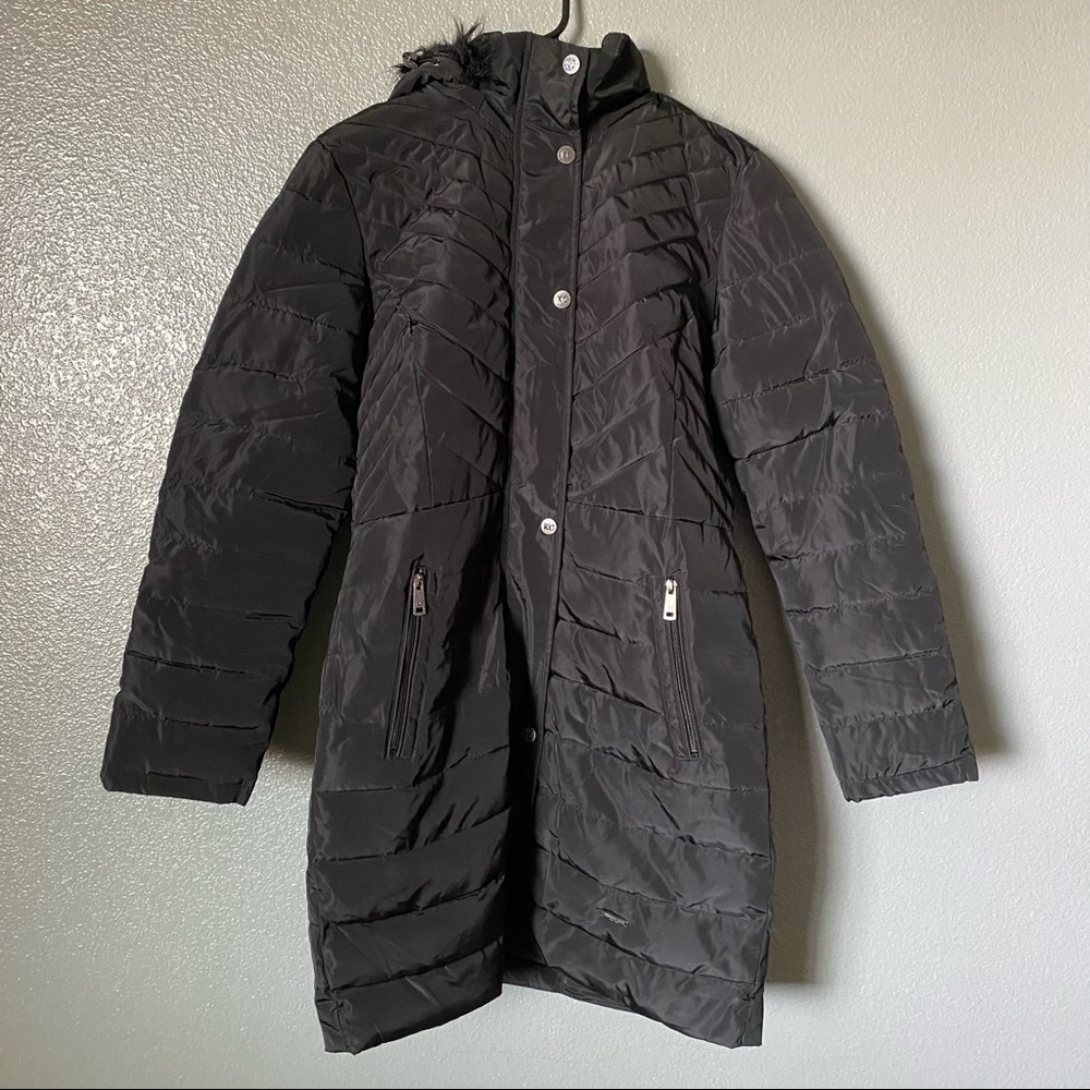 KENETH COLE New York Coat Quilted Hooded S Solid Black Lined Pockets Button